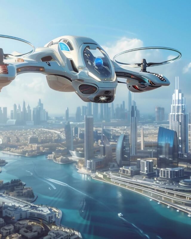 Flying taxi Saudi Arabia: A futuristic drone-like vehicle soars over a modern cityscape, featuring skyscrapers and a winding river under a clear blue sky.